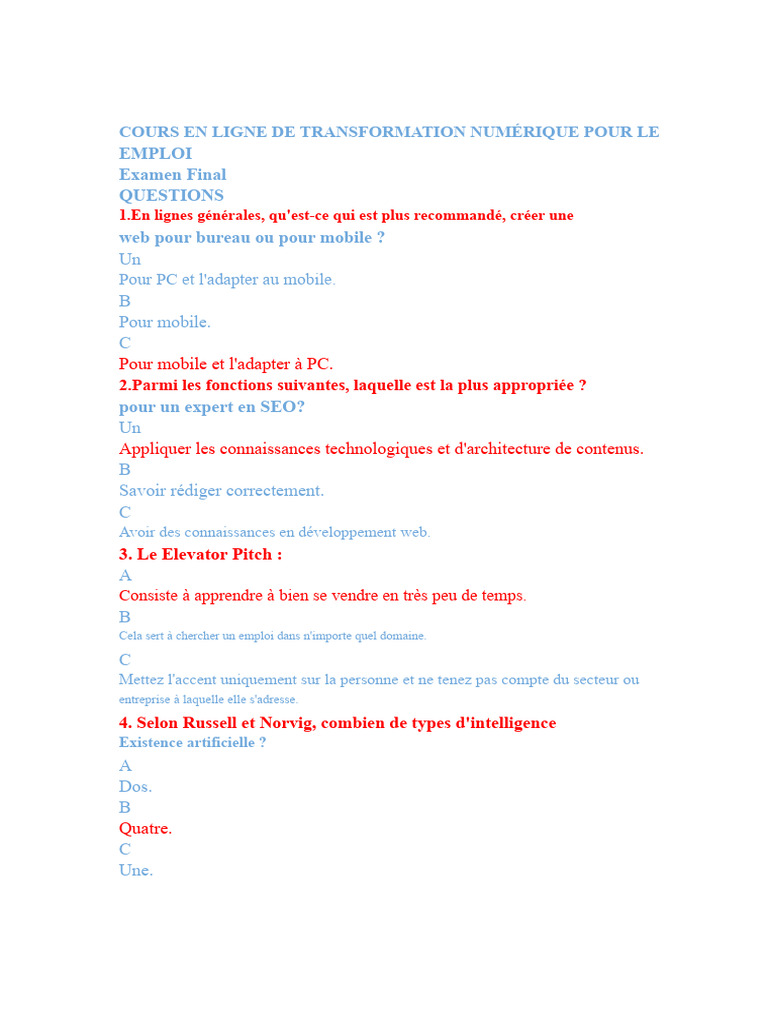 Examen Final : Transformation Numérique et Emploi | PDF | Réseautage ...