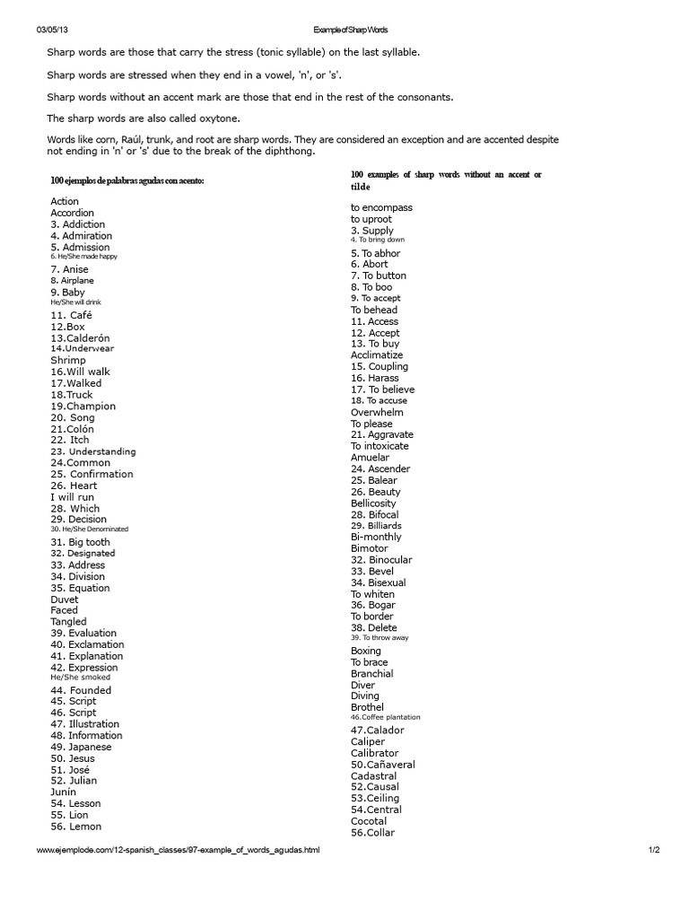 Examples of Sharp Words in Spanish | PDF | Stress (Linguistics) | Syllable