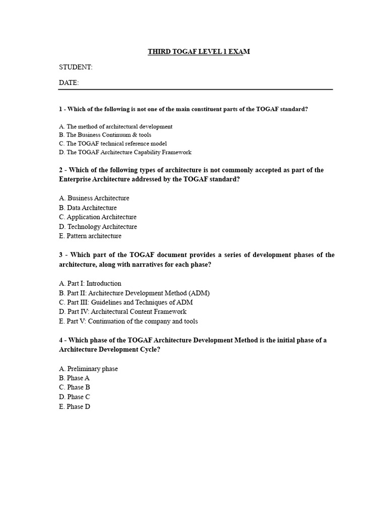 TOGAF Level 1 Exam Questions | PDF | Information Technology Management ...