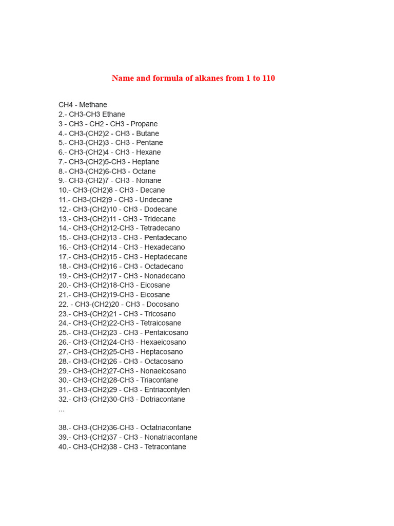 Alkanes Names and Formulas 1-110 | PDF | Alkane | Hydrocarbons