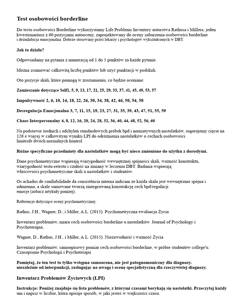 Test Osobowości Borderline | PDF