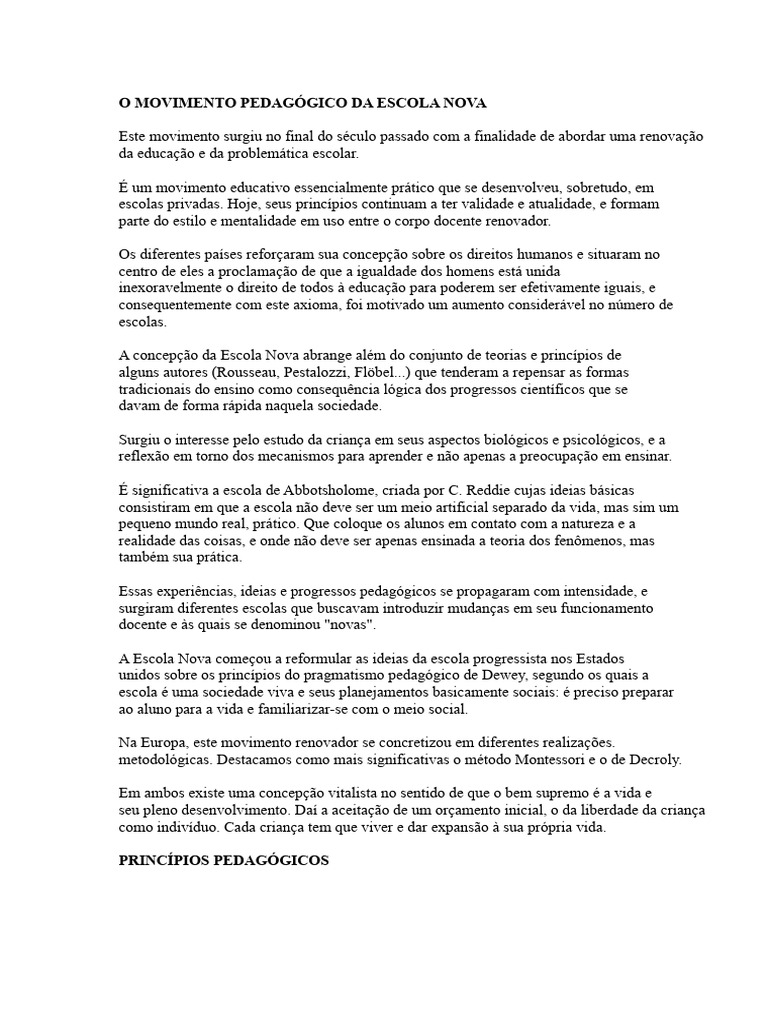 O MOVIMENTO PEDAGÓGICO DA ESCOLA NOVA | PDF | Pedagogia | Aprendizado