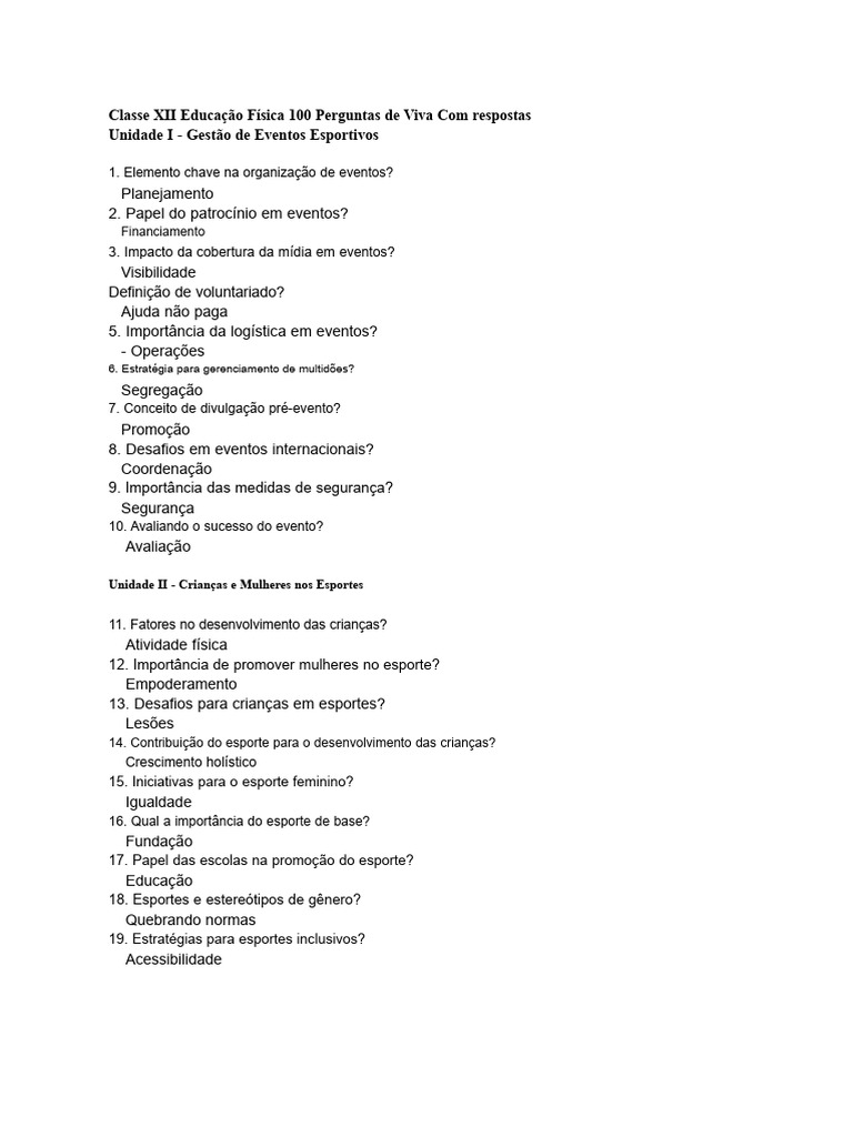 Classe XII Educação Física 100 Perguntas de Viva Com Respostas | PDF ...