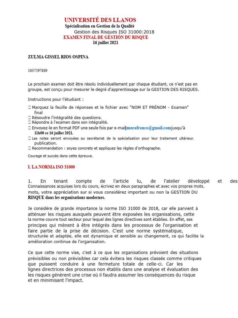 Examen Final Gestion des Risques ISO 31000 | PDF | Risque | Gestion des ...
