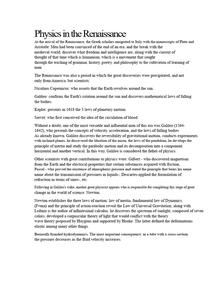 Renaissance Physics: Key Discoveries and Figures | PDF | Newton's Laws ...