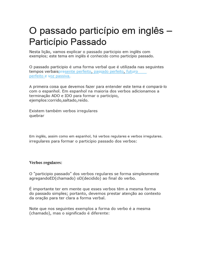 Entendendo o Passado Participio em Inglês | PDF