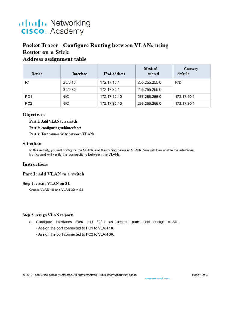 Router-on-a-Stick VLAN Configuration | PDF | Router (Computing) | Routing