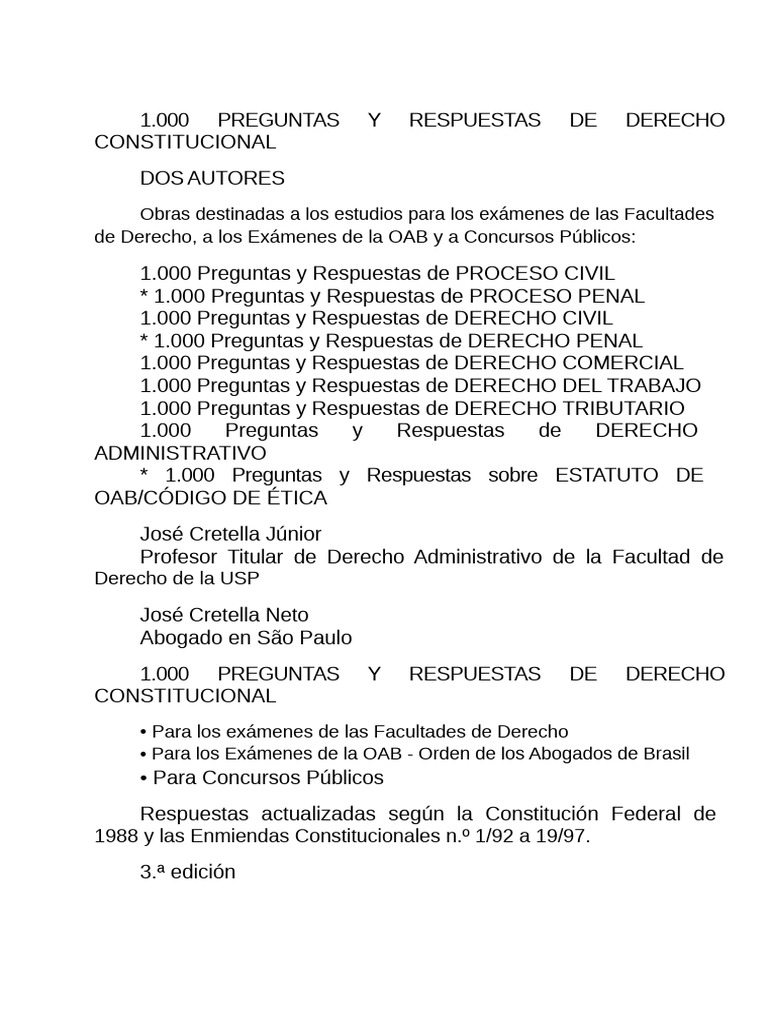 1.000 Preguntas sobre Derecho Constitucional | PDF | Constitución | Ley ...