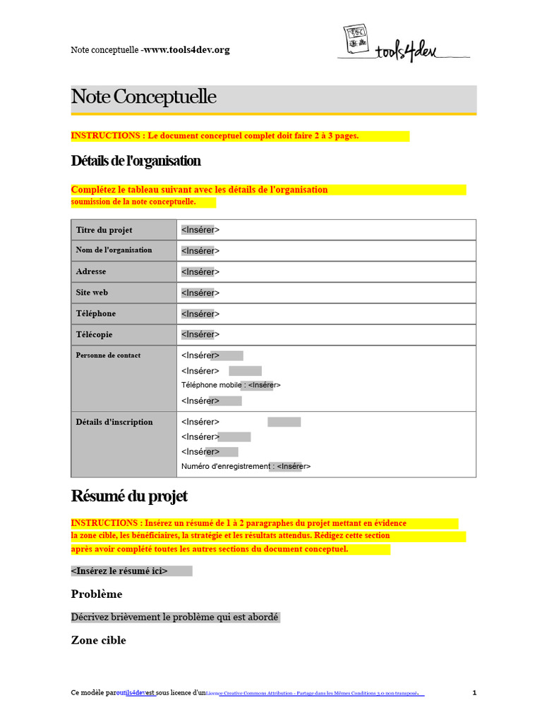 Modèle de note conceptuelle pour projets | PDF | Entrepreneuriat ...