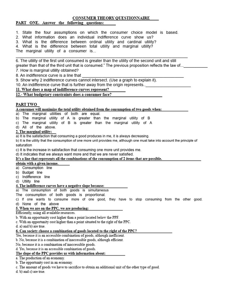 Consumer Choice Theory Questionnaire | PDF | Utility | Marginal Utility