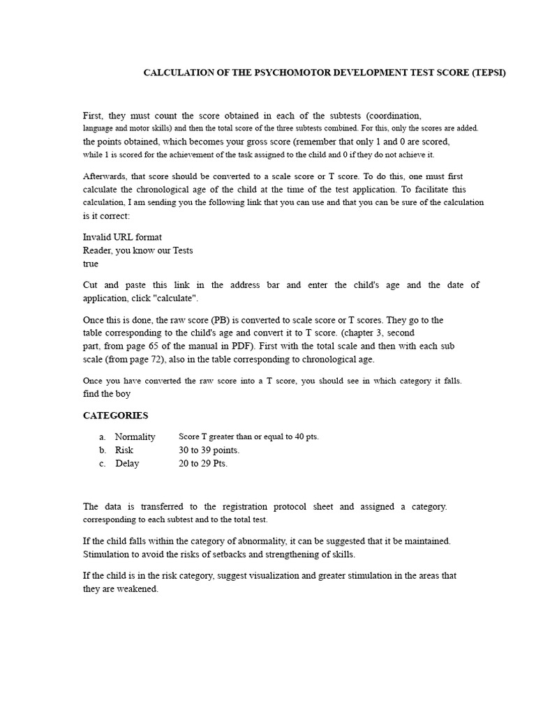 TEPSI Psychomotor Development Scoring Guide | PDF