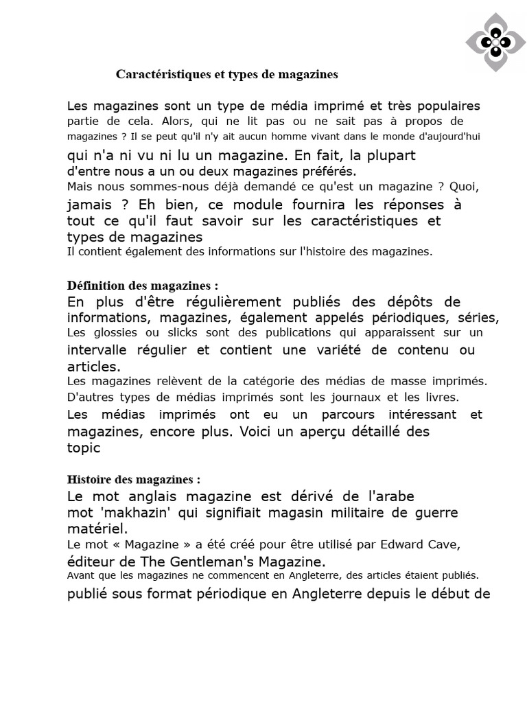 Types et caractéristiques des magazines | PDF | Les magazines | Journaux