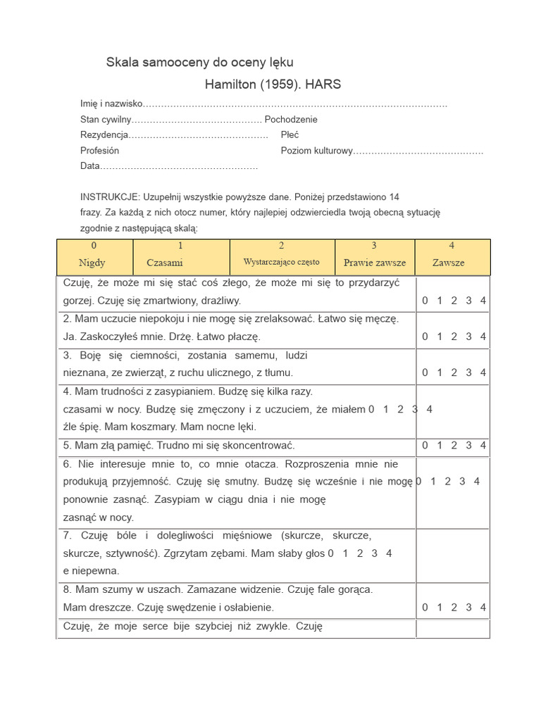 Samodzielna Skala Oceny Lęku Hamiltona | PDF