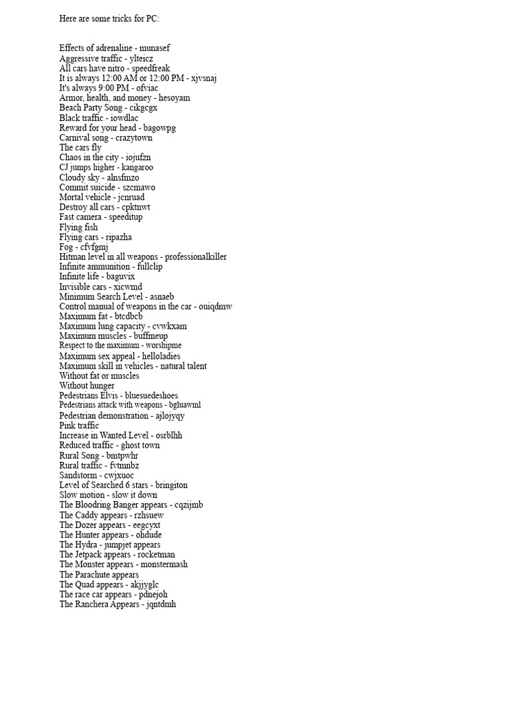 GTA San Andreas PC Cheat Codes Guide | PDF | Traffic | Transport