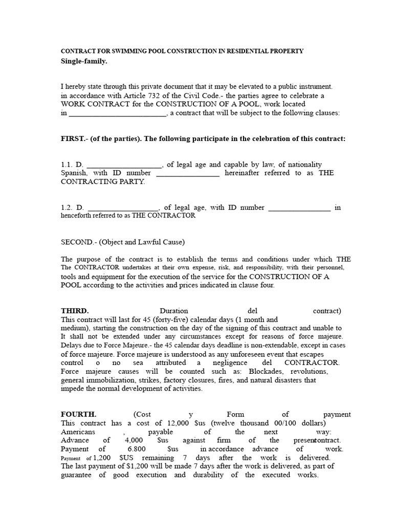 Residential Pool Construction Contract | PDF | Damages | Business Law
