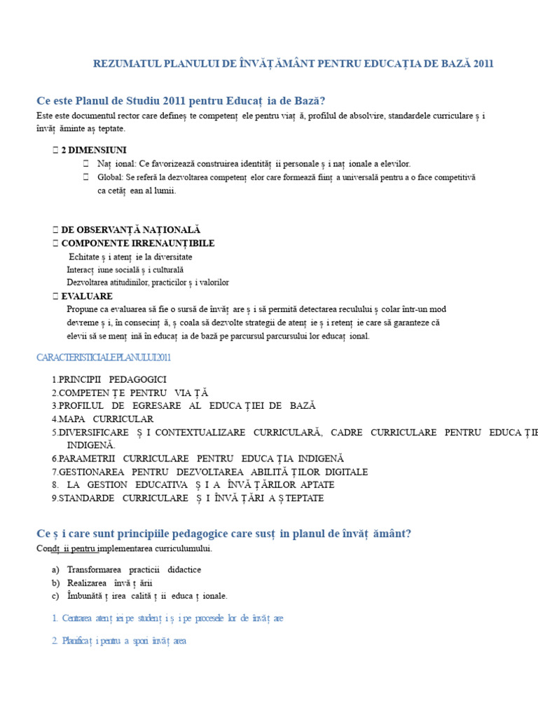 Rezumat Planul de Studii 2011 Pentru Educație de Bază | PDF