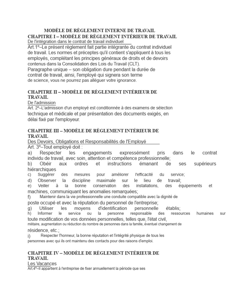 Modèle de Règlement Intérieur de Travail | PDF | Gestion des ressources ...