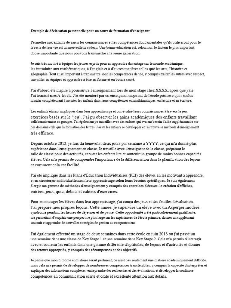 Exemple de déclaration pour enseignant | PDF | Apprentissage | Enseignants