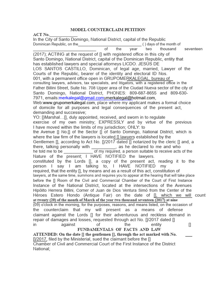 Reconventional Claim Model | PDF | Lawsuit | Damages