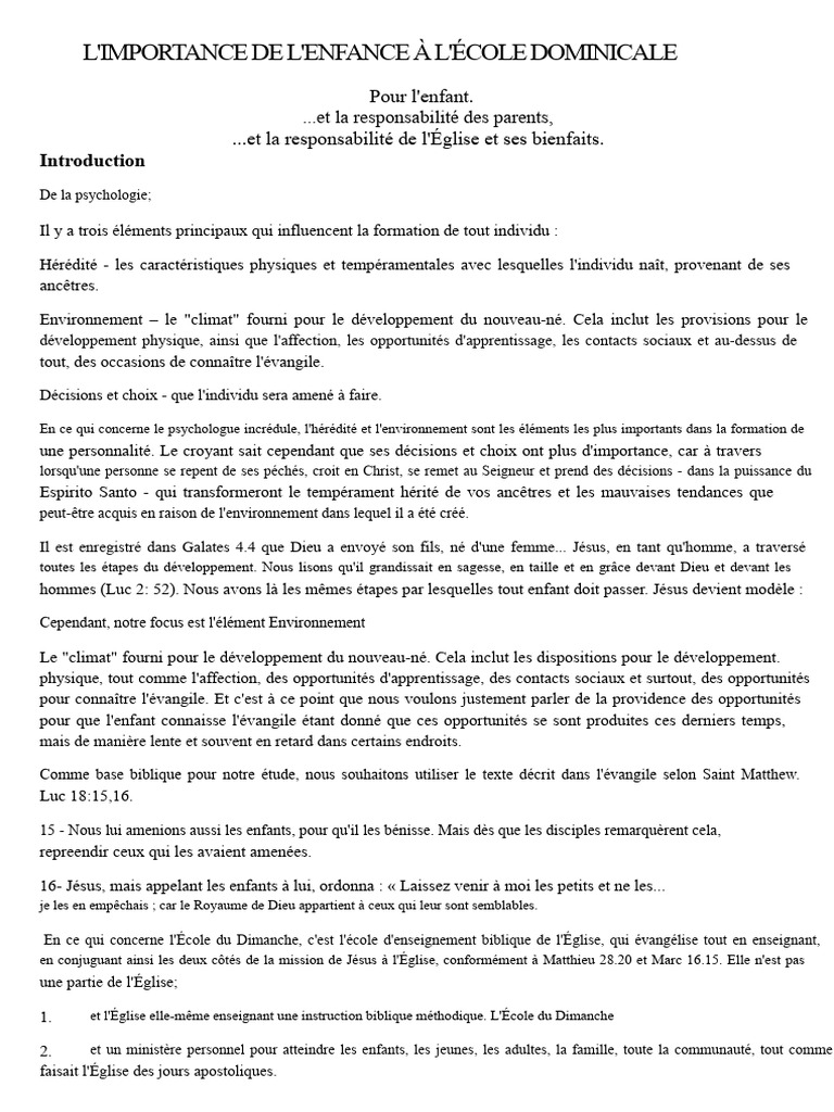 Importance de l'École du Dimanche | PDF | Salomons | Église chrétienne