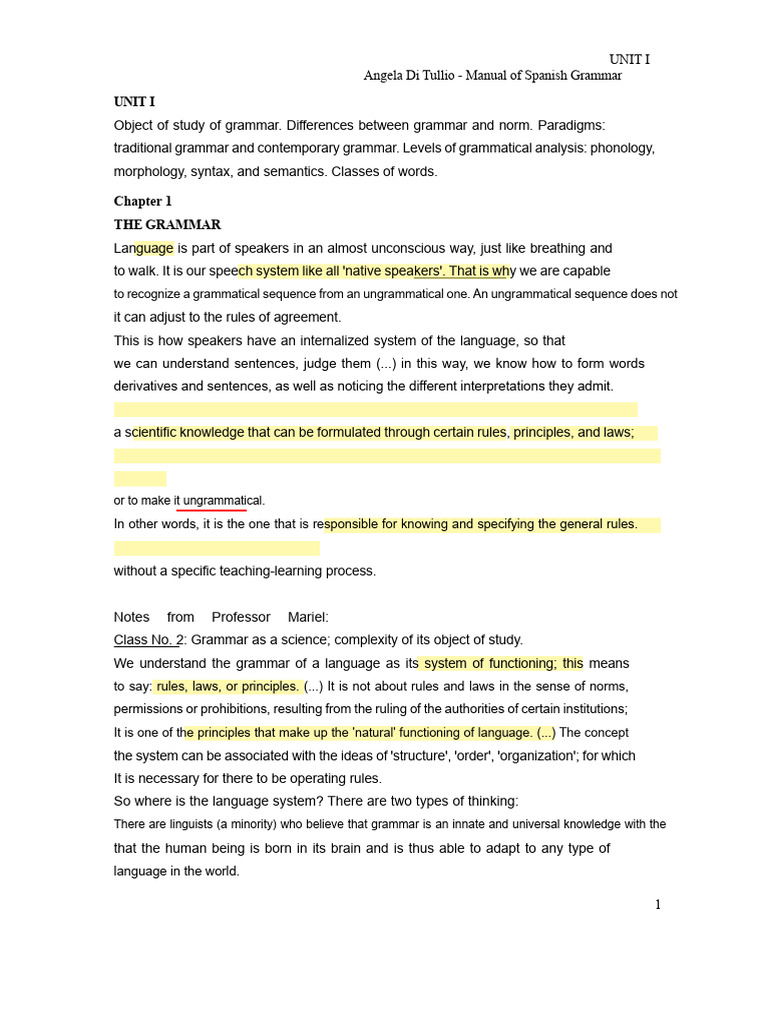 Summary Unit 1 Grammar Manual by Ángela Di Tullio | PDF | Adverb | Noun