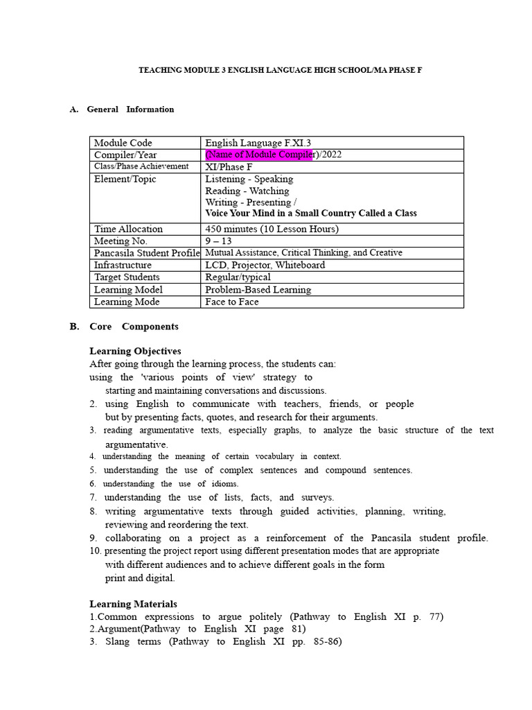 High School English Module: Argumentation Skills | PDF | Learning ...