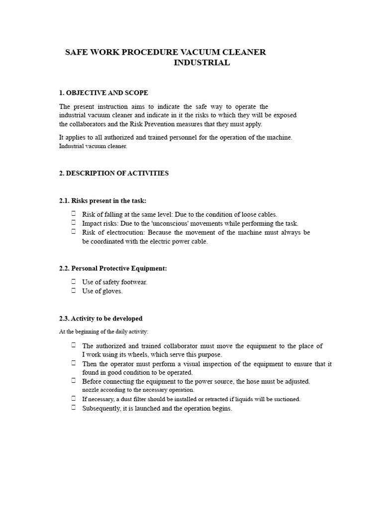 Safe Work Procedure For Industrial Vacuum Cleaner | PDF | Risk | Vacuum ...