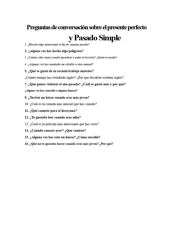 Preguntas sobre presente perfecto y pasado | PDF