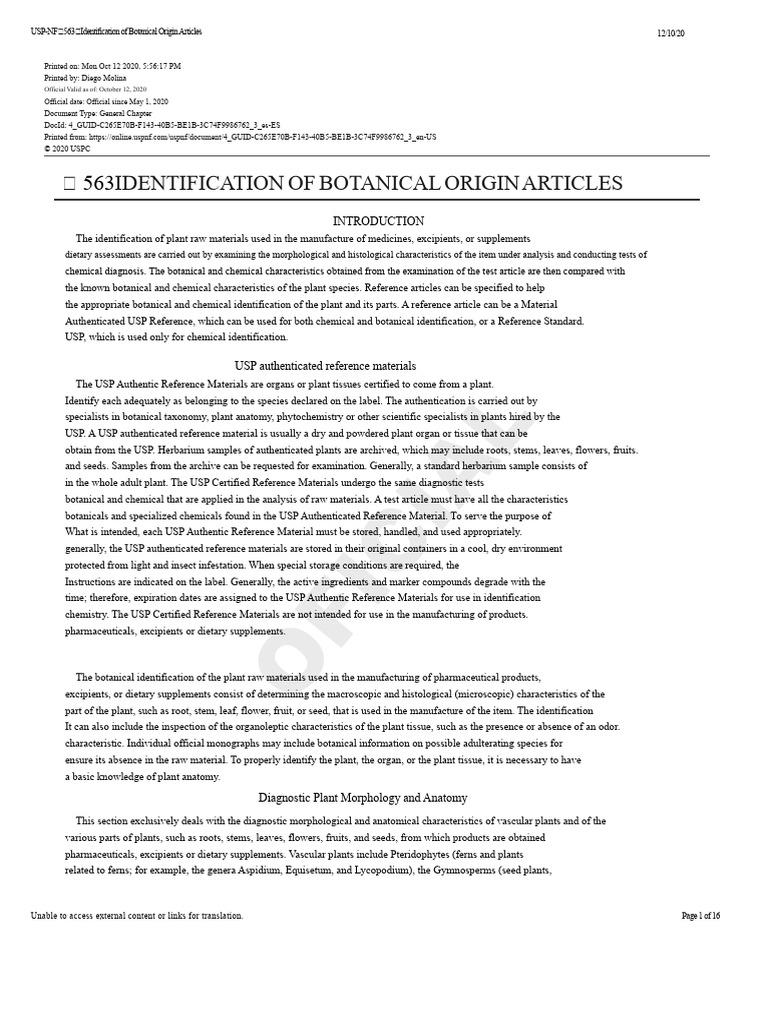 USP-NF 〈563〉 Identification of Botanical Origin Articles | PDF | Tissue ...