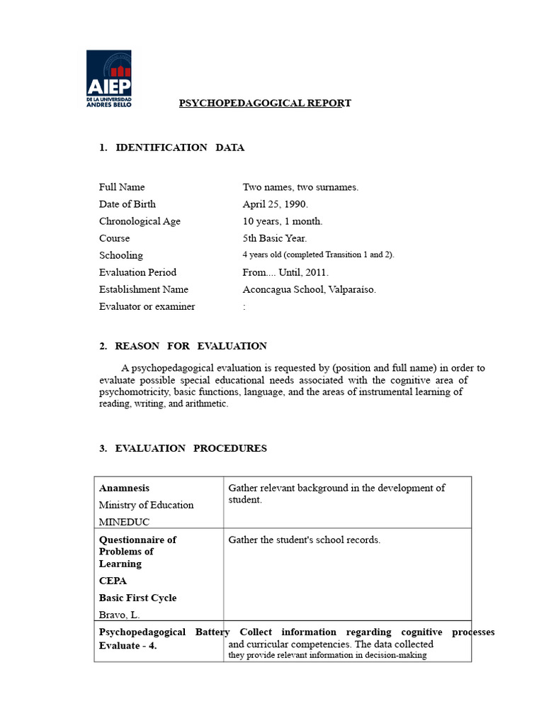Psychopedagogical Report Model Cognitive Area | PDF | Learning | Attention