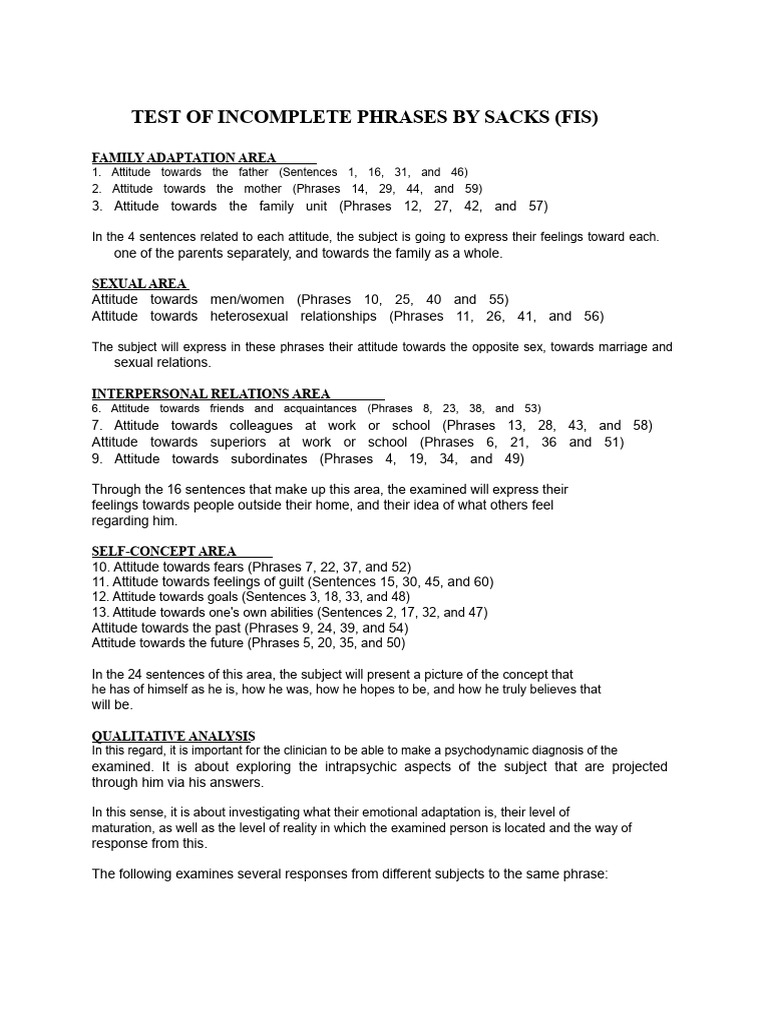 Incomplete Sentences Test Analysis | PDF | Fear | Attitude (Psychology)