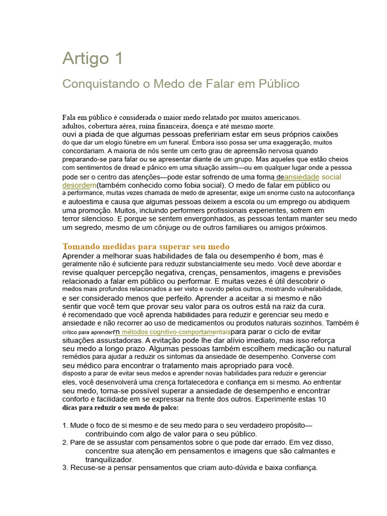 Superando o Medo de Falar em Público | PDF | Ansiedade | Serotonina