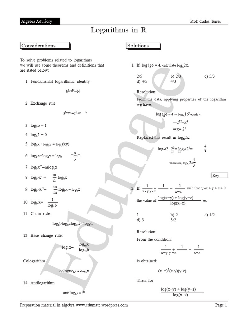 Logarithm Properties and Solutions Guide | PDF | Logarithm | Discrete ...