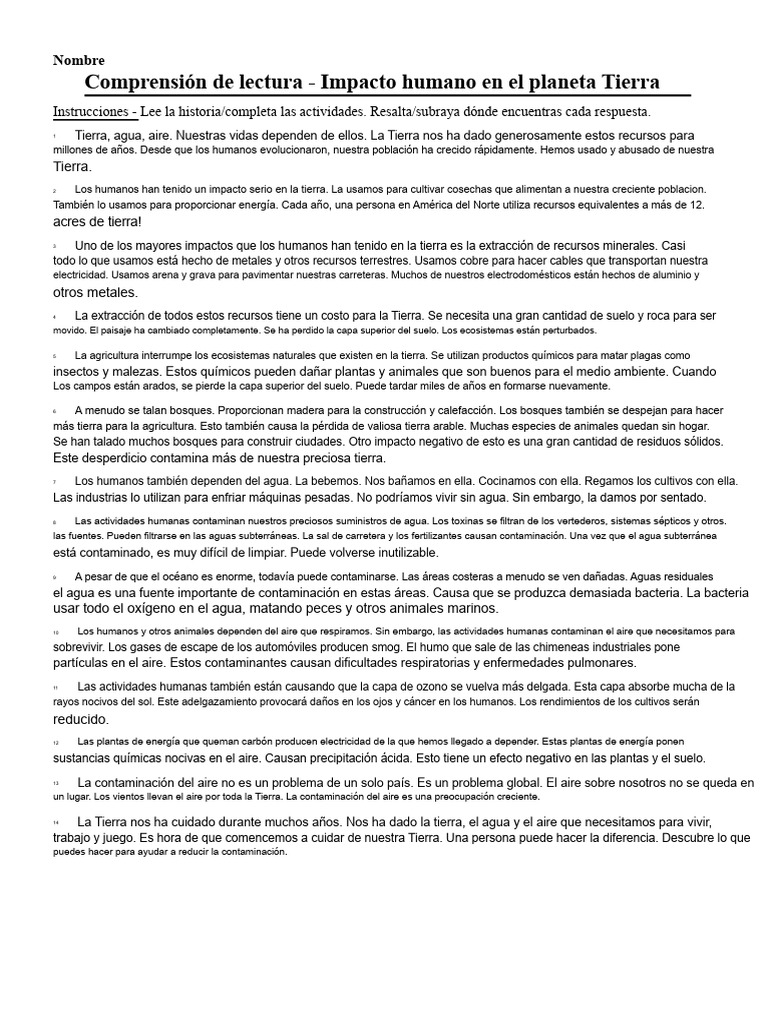 Comprensión de Lectura - Impacto Humano en El Planeta Tierra PDF | PDF ...