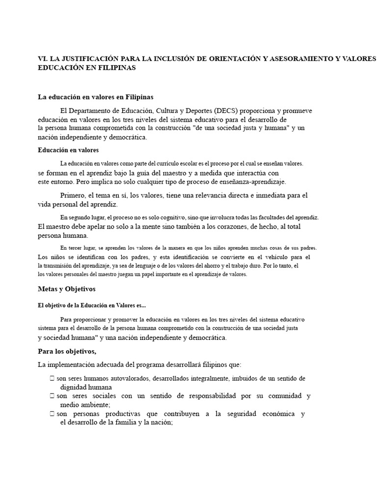 Educación en Valores y Orientación en Filipinas | PDF | Plan de ...