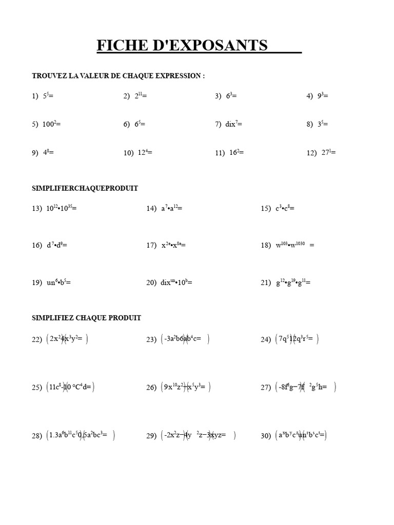 Fiche d'exposants et simplifications mathématiques | PDF | Échecs ...