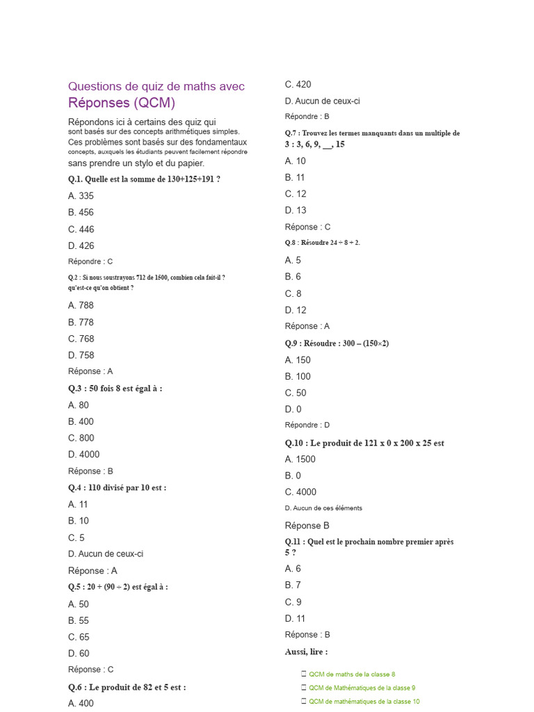 Quiz de maths avec réponses QCM | PDF | Pi | Mathématiques élémentaires