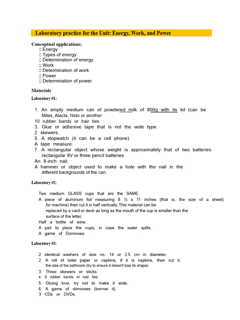 Energy, Work, and Power Lab Guide | PDF