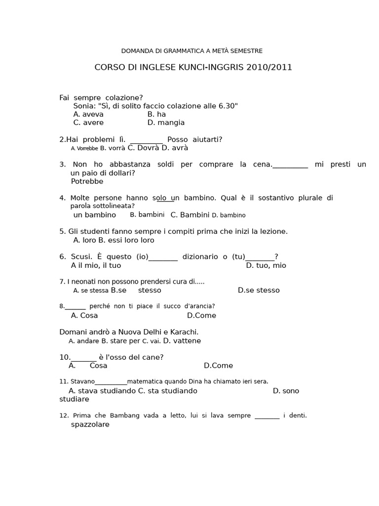 50 Esercizi Di Grammatica Per Studenti Del Primo Semestre. | PDF