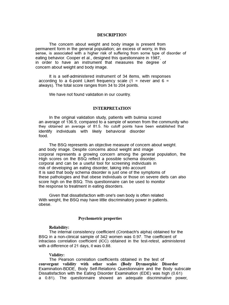 MEDICINE - Test-BSQ - Questionnaire On Body Image - Instructions | PDF ...