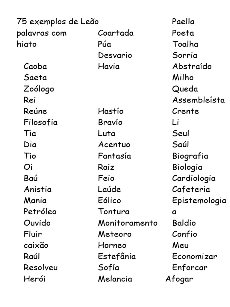75 Exemplos de Palavras Com Hiato | PDF | Fonética | Voz humana