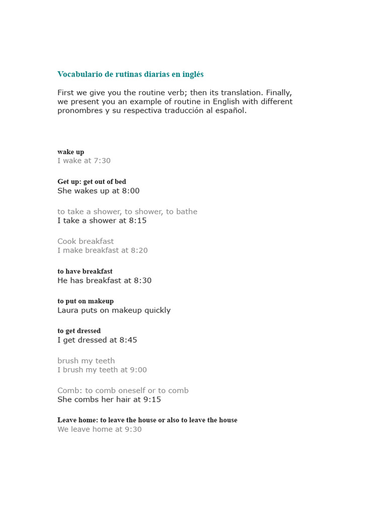 Daily Routine Vocabulary in English | PDF