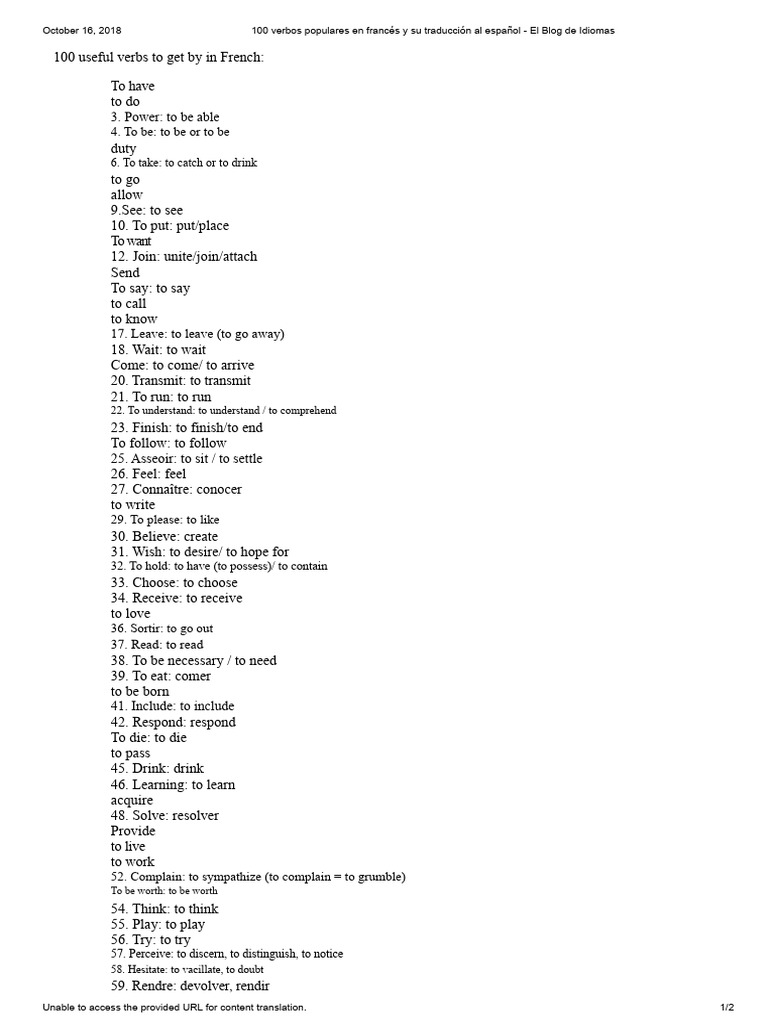 100 French Verbs with Spanish Translations | PDF | Linguistics