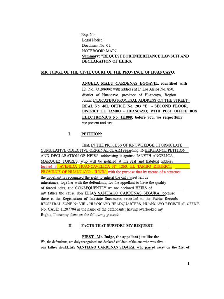 Demand Request For Inheritance and Declaration of Heir - Cardenas ...