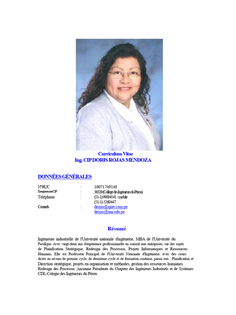 CV Ing. Doris Rojas Mendoza - Expertise en Ingénierie | PDF | Ingénieur ...