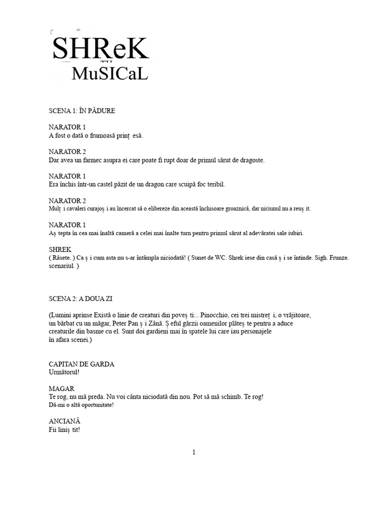 SHREK Musicalul Libreto | PDF