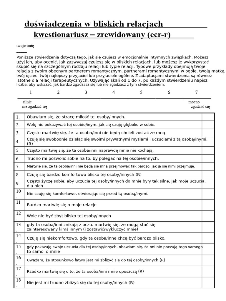 Ocena, Przywiązanie, Ecr-R - 0 | PDF