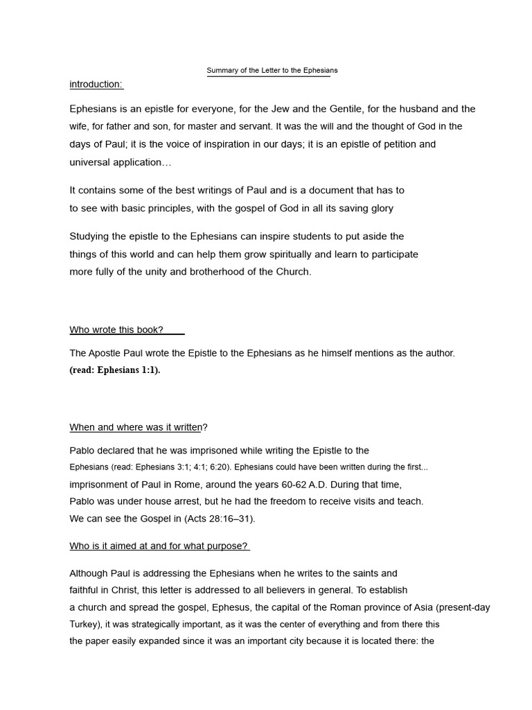 Summary of Ephesians Letter | PDF | Paul The Apostle | Epistle To The ...