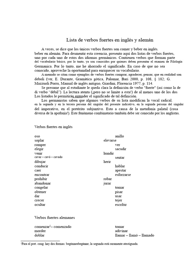 Verbos Fuertes en Inglés y Alemán | PDF | Verbo | Idioma en Inglés