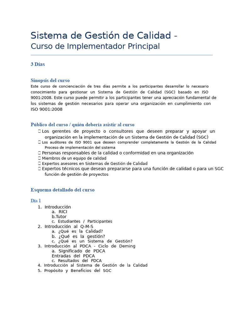 Curso de Implementador Principal de SGC | PDF | Sistema de manejo de ...